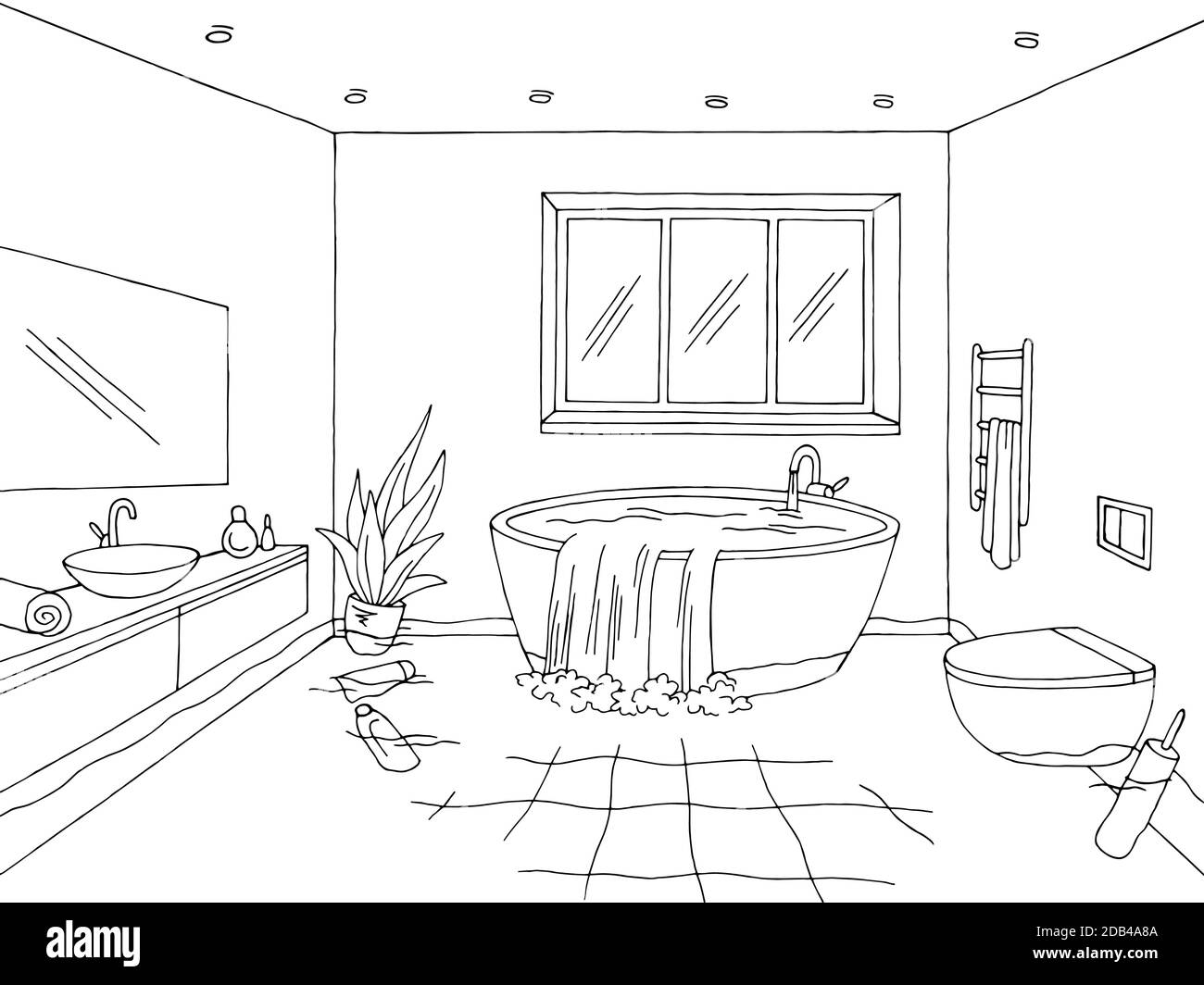 Flood in bathroom graphic home interior black white sketch illustration vector Stock Vector