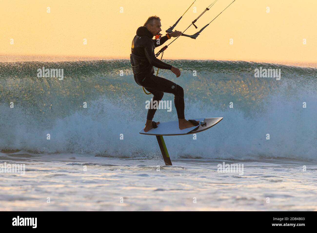 Kite foiling, Tarifa, Costa de la Luz, Cadiz, Andalusia, Southern Spain. Stock Photo