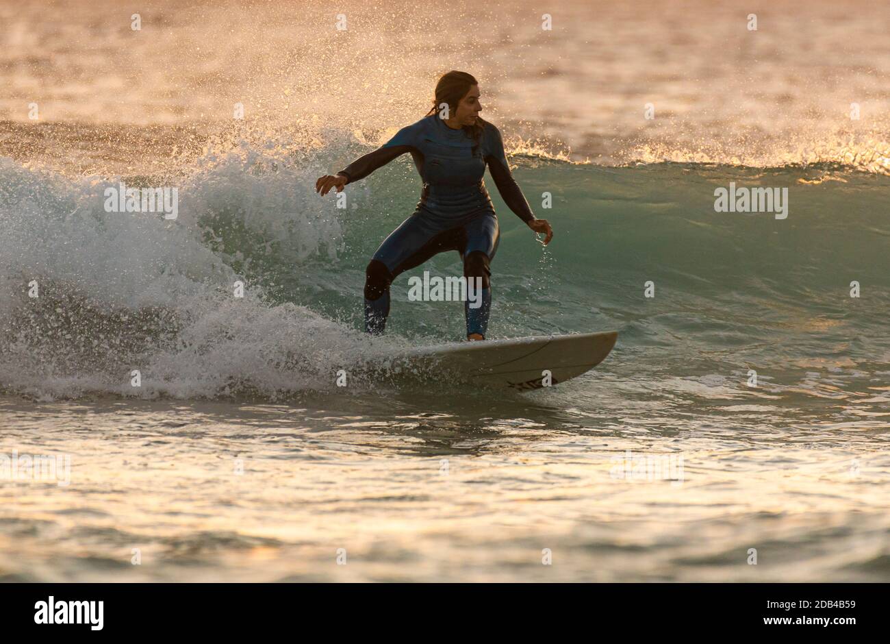 Surfing Los Lances beach, Tarifa, Cadiz, Costa de la Luz, Andalusia, Spain. Stock Photo
