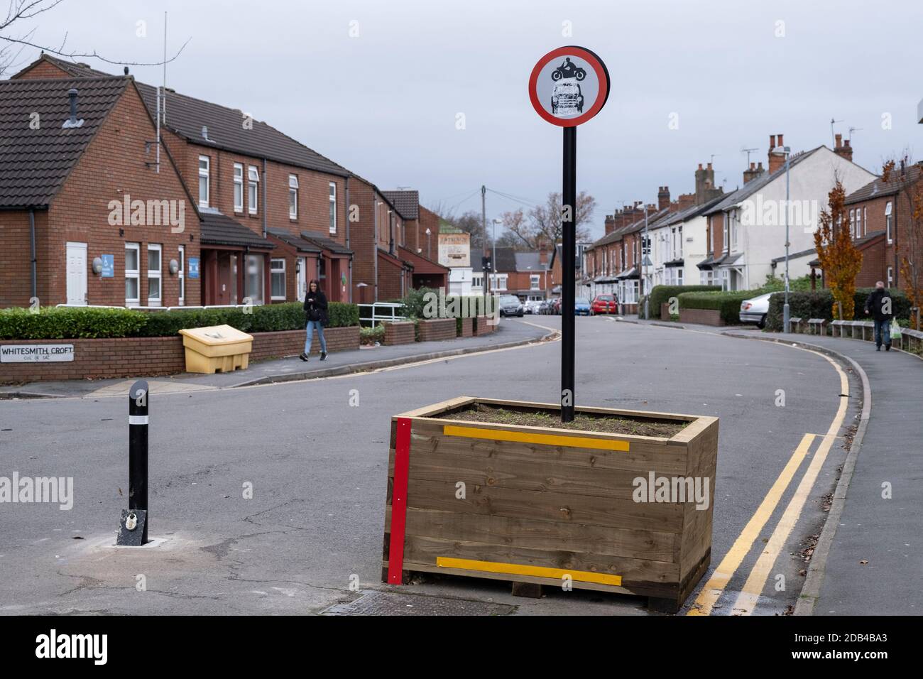 Low-traffic neighbourhood barriers put in place in Kings Heath on 16th November 2020 in Birmingham, United Kingdom. These traffic restrictions, many of which have been rushed through by local councils during the Coronavirus pandemic have created controversy in local communities, many of whom object the road closures which affect some businesses and roads adversely. The green measures, which have been named 'places for people' by Birmingham City Council are designed reduce traffic and to promote walking and cycling have been criticised for being environmentally unsound, and forcing traffic onto Stock Photo