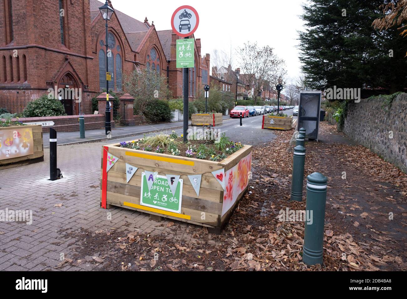 Low-traffic neighbourhood barriers put in place in Kings Heath on 16th November 2020 in Birmingham, United Kingdom. These traffic restrictions, many of which have been rushed through by local councils during the Coronavirus pandemic have created controversy in local communities, many of whom object the road closures which affect some businesses and roads adversely. The green measures, which have been named 'places for people' by Birmingham City Council are designed reduce traffic and to promote walking and cycling have been criticised for being environmentally unsound, and forcing traffic onto Stock Photo