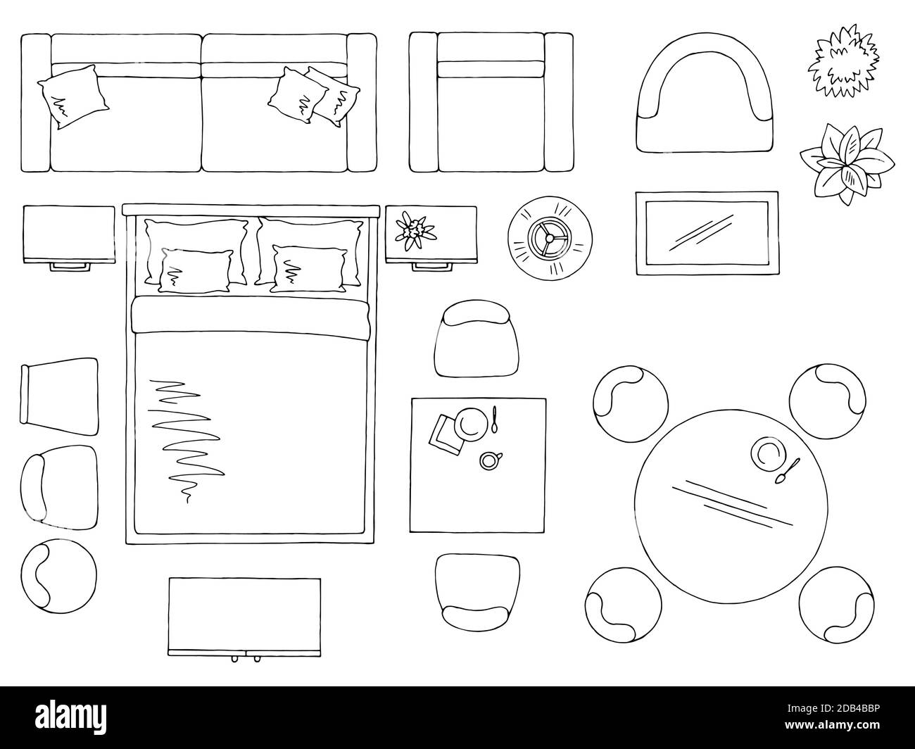 Furniture set floor plan architect design element graphic black white top sketch aerial view isolated illustration vector Stock Vector