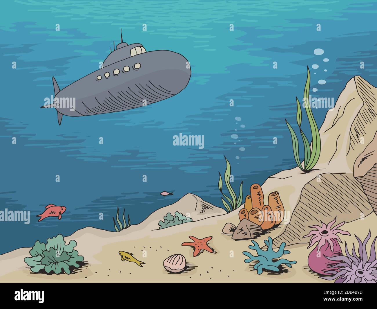 Underwater submarine graphic sea color sketch illustration vector Stock Vector