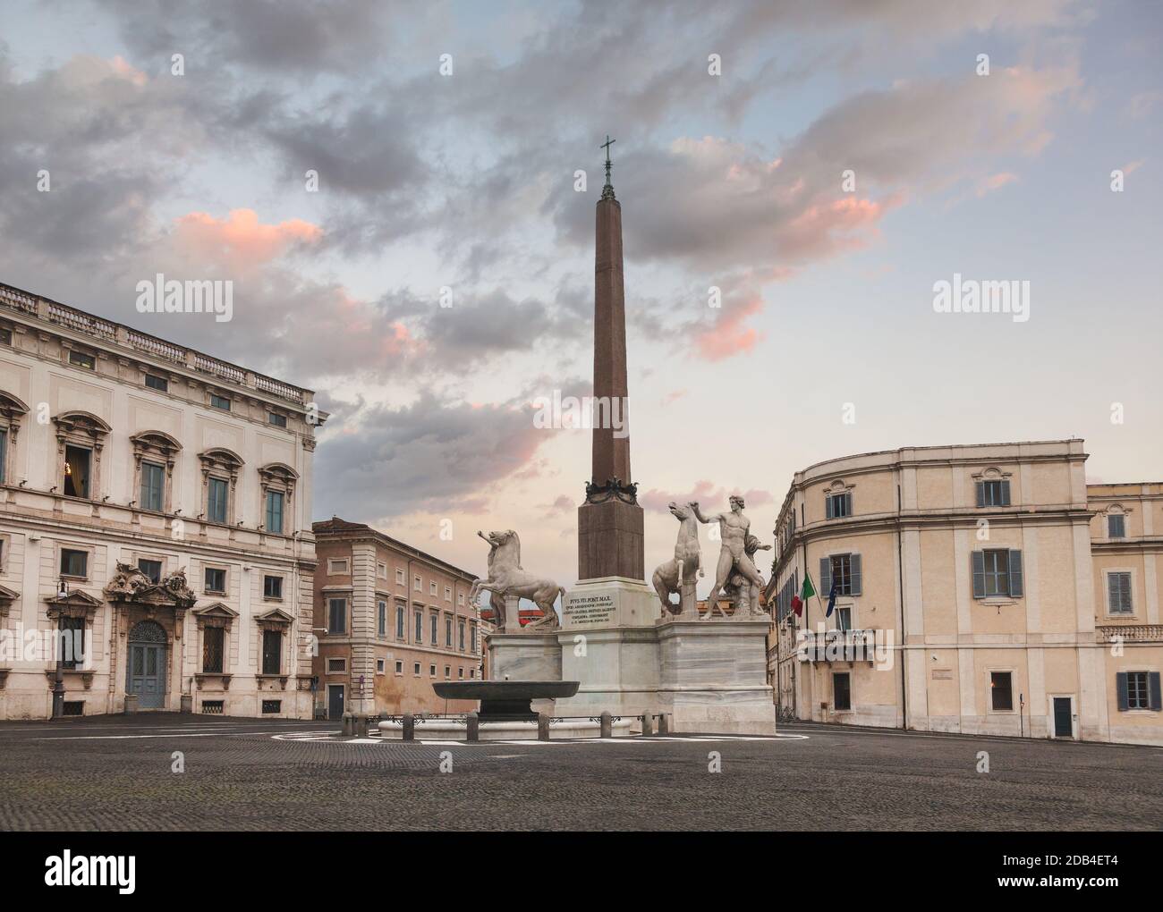 Morning view of the Piazza del Quirinale with Fontana dei Dioscuri fountain featuring equestrian statues of Castor and Pollux, Rome, Italy Stock Photo