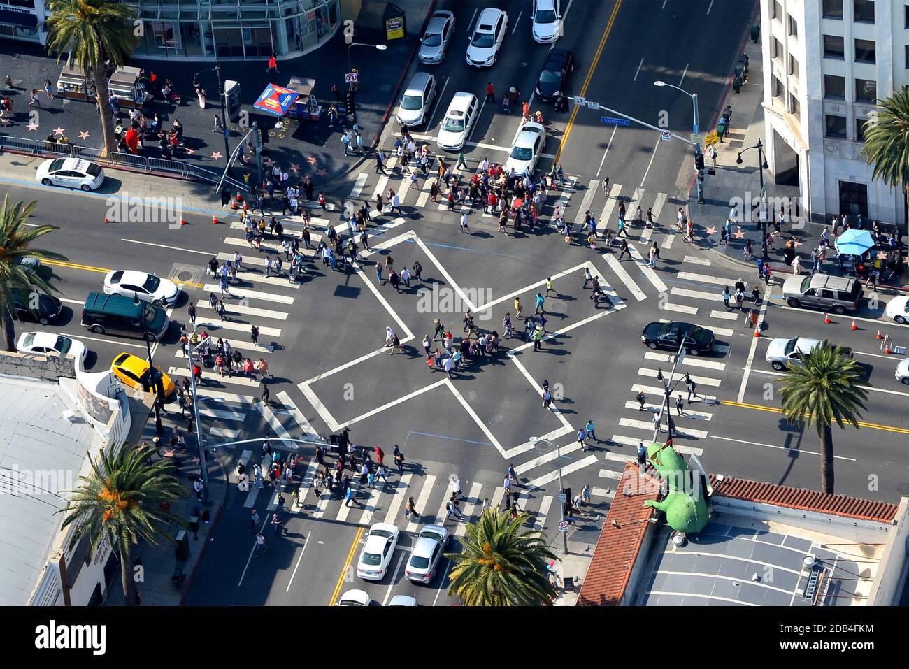 Pedestrian scramble crossing on Hollywood Boulevard and N Highland Avenue intersection aerial view. Crosswalk on Hollywood Blvd and N Highland Ave. Stock Photo