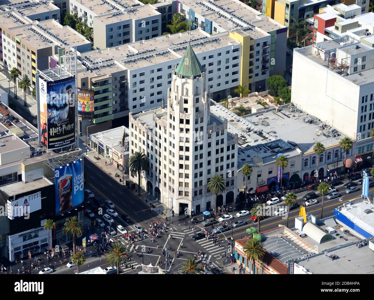 Hollywood First National Bank Building, built in Art Deco architectural style on Hollywood Boulevard and N Highland Avenue intersection. Aerial view. Stock Photo