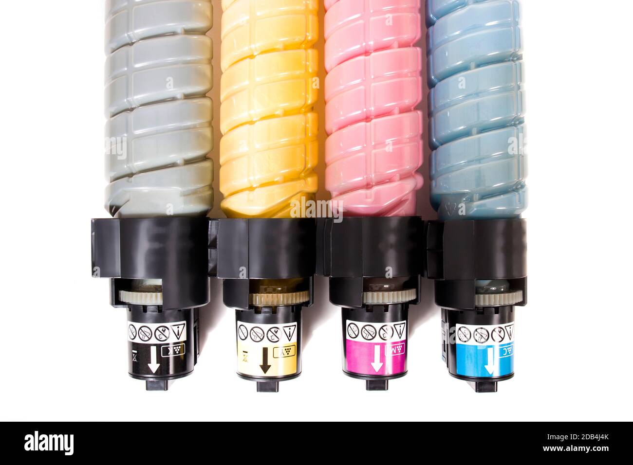 cartridges for laser printers aligned on a white background. Stock Photo