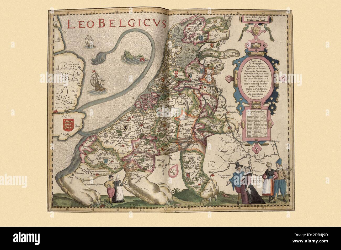 'The Leo Belgicus, Latin for Netherlandic Lion is a map of the Low Countries drawn in the shape of a lion. The earliest Leo Belgicus was drawn by the Austrian cartographer Michael Aitzinger in 1583, when the Netherlands were fighting the Eighty Years' War for independence. The motif was inspired by the heraldic figure of the lion, occurring in the coats of arms of several of the Netherlands, namely: Brabant, Flanders, Guelders, Hainout, Holland, Limburg, Luxembourg and Zeeland, as well as in those of William of Orange. Aitzinger's map was the first of many. There were three different designs. Stock Photo