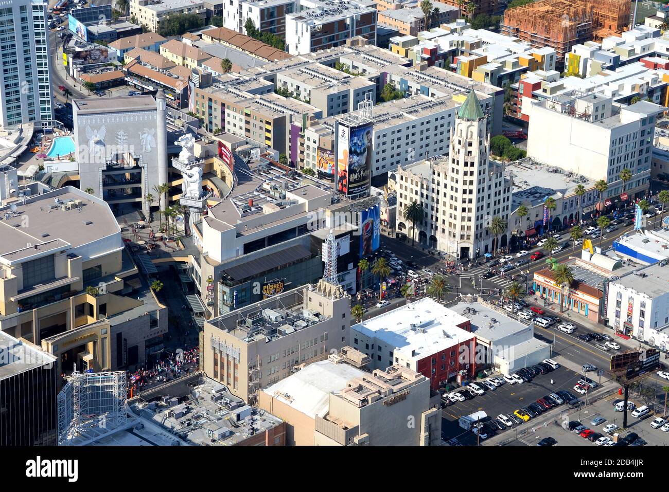 Hollywood & Highland Shopping and Hollywood First National Bank Building on Hollywood Boulevard and N Highland Avenue intersection aerial view. Stock Photo