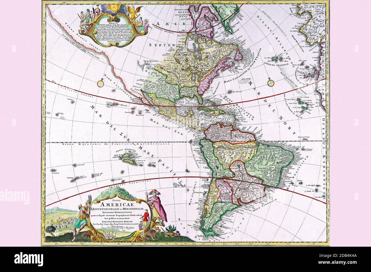 'Johann Baptist Homann (20 March 1664 ? 1 July 1724) was a German geographer and cartographer, who made maps of the Americas . Homann was born in Oberkammlach near Kammlach, which is now in Bavaria. Although educated at a Jesuit school, he eventually converted to Protestantism. In 1715 Homann was appointed Imperial Geographer of the Holy Roman Empire. Giving such privileges to individuals was an added right that the Holy Roman Emperor enjoyed. In the same year he was also named a member of the Prussian Academy of Sciences. Of particular significance to cartography were the imperial printing pr Stock Photo