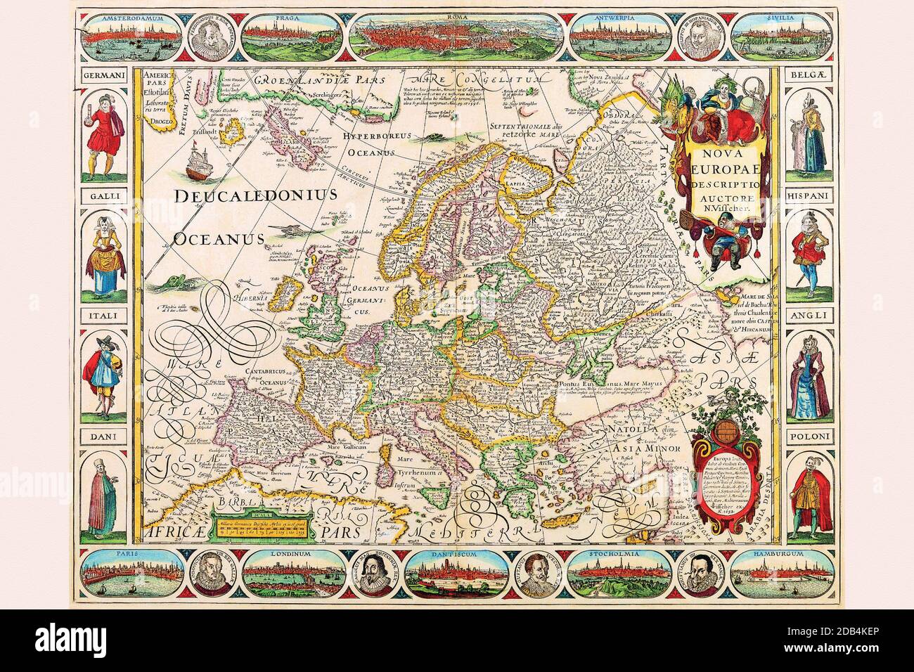 The Visscher family was the dominant force in map-making at the height of the Golden Age of Dutch cartography. They were known throughout Europe for their advanced geographic knowledge and for the artistic ornamentation of their works. They were one of the leading publishers in Amsterdam for nearly a century.. Stock Photo