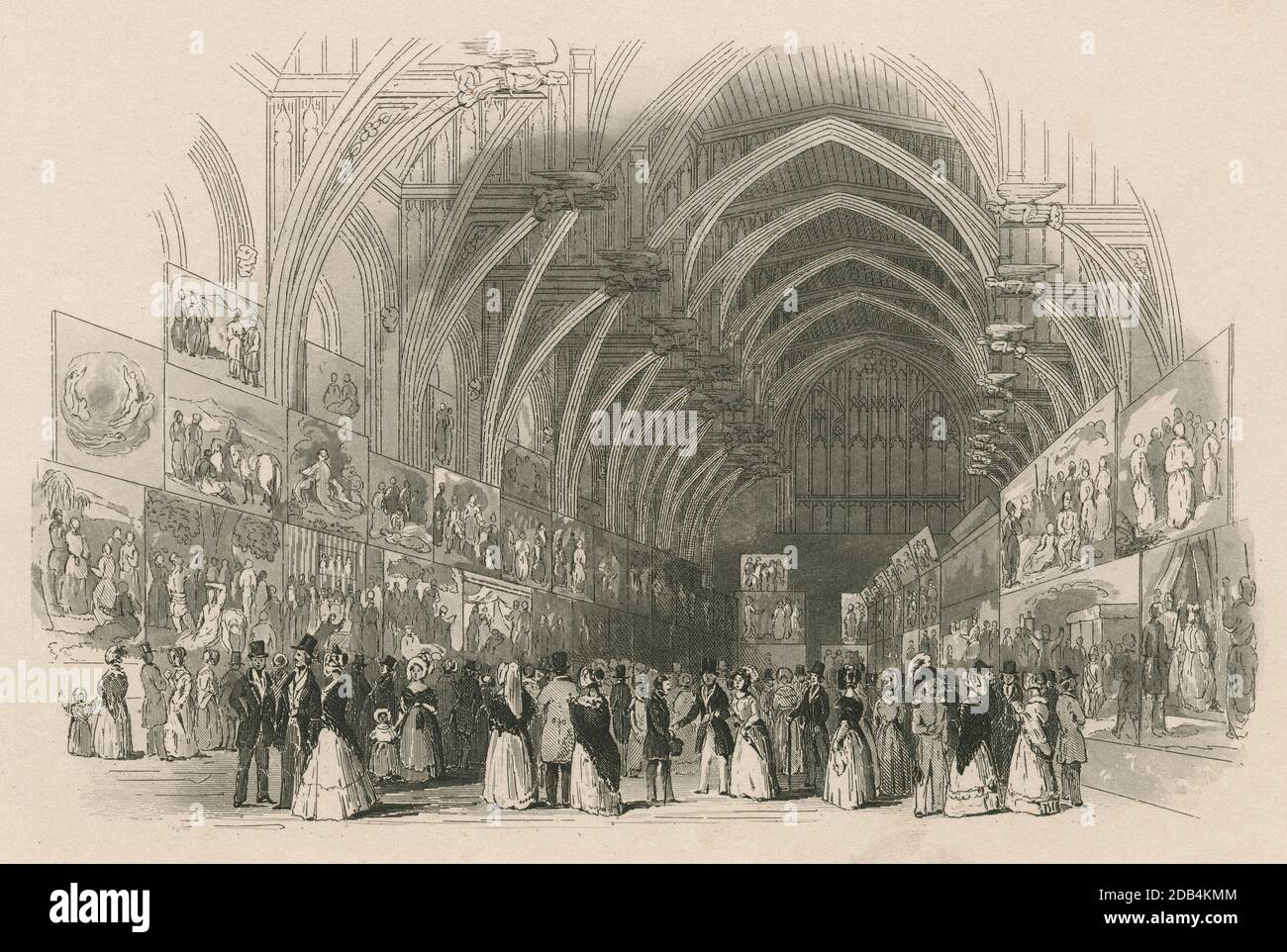 Antique c1845 engraving, Westminster Hall as a painting gallery in the Palace of Westminster, London, England. SOURCE: ORIGINAL ENGRAVING Stock Photo