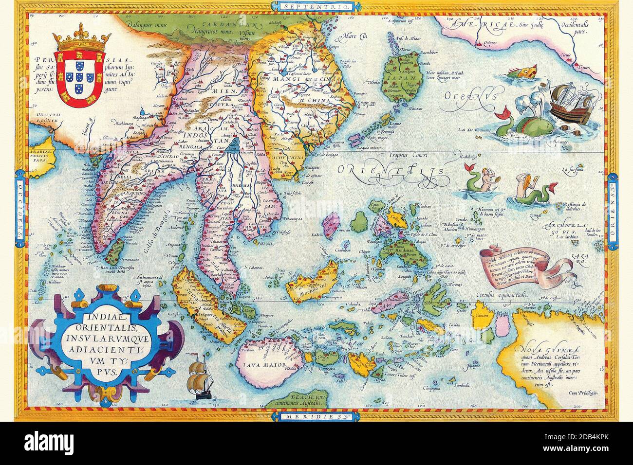 'Abraham Ortelius (Abraham Ortels) (April 14, 1527 ? June 28, 1598) was a Flemish cartographer and geographer, generally recognized as the creator of the first modern atlas, the Theatrum Orbis Terrarum (Theatre of the World). He is also believed to be the first person to imagine that the continents were joined together before drifting to their present positions. In 1564 he completed a 'mappemonde', eight-leaved map of the world, which afterwards appeared in reduced form in the Theatrum. The only extant copy of this great map is in the library of the University of Basel. On May 20, 1570, Gilles Stock Photo