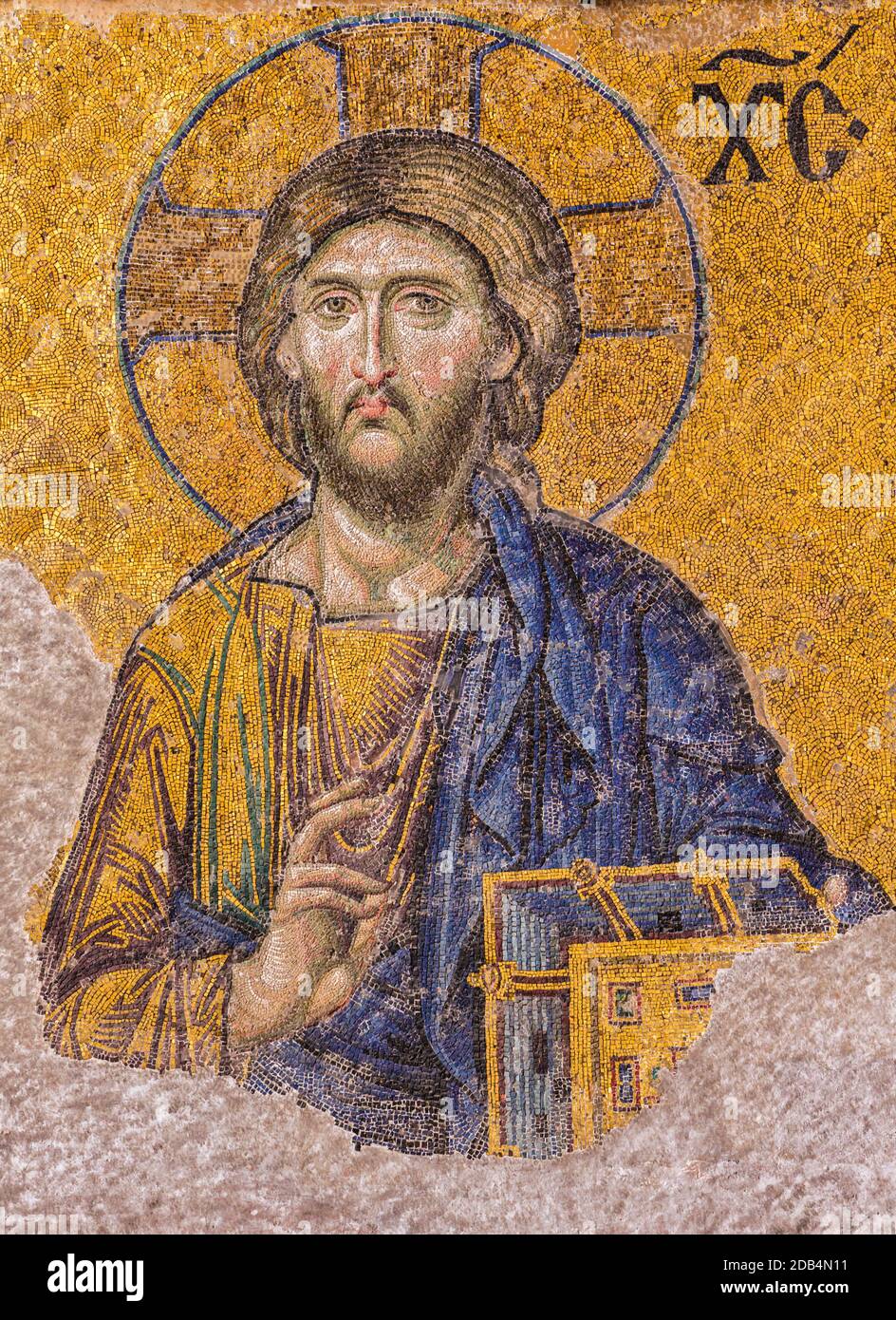 Istanbul, Turkey.  Byzantine art.  Detail of Christ in the Deesis, or Deisis, mosaic in Haghia Sophia or Hagia Sophia or Ayasofya.  Built as a church Stock Photo