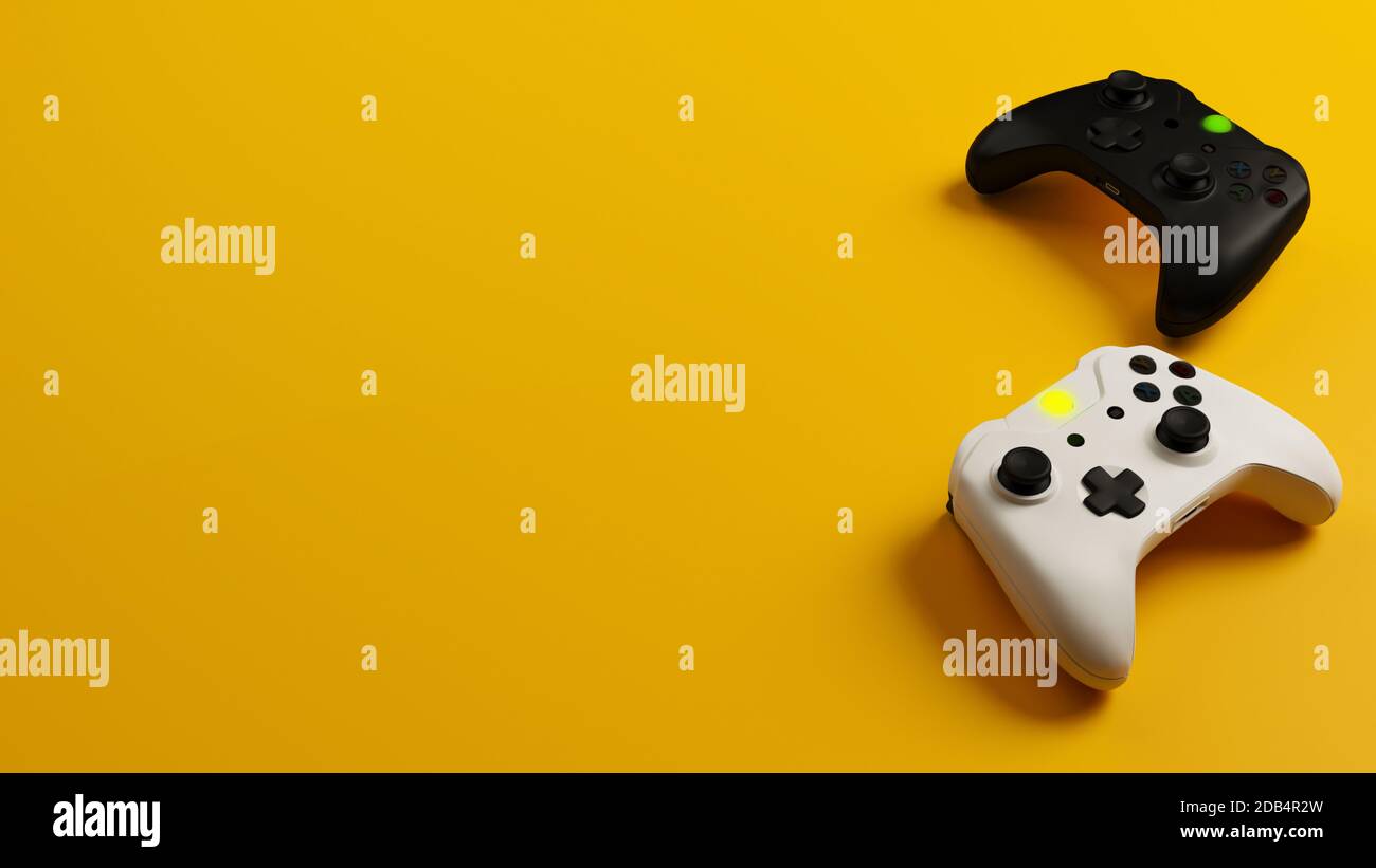 Game competition. White and black joystick with yellow background 3D ...