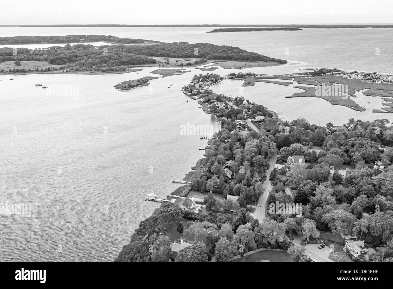 black and white aerial of Towd point road and vicinty, Southampton, NY Stock Photo