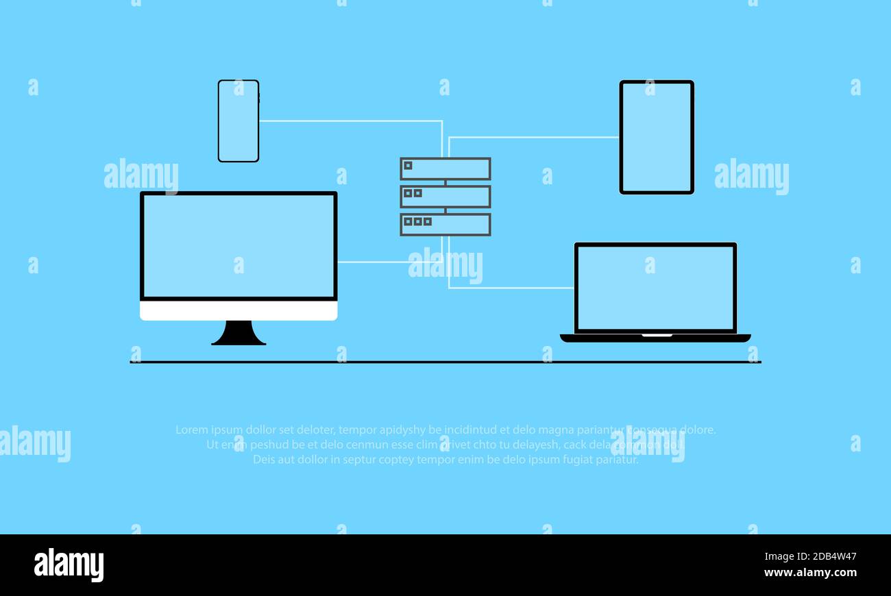 Server management, server technology simple thin lines from server to device.  Stock Vector