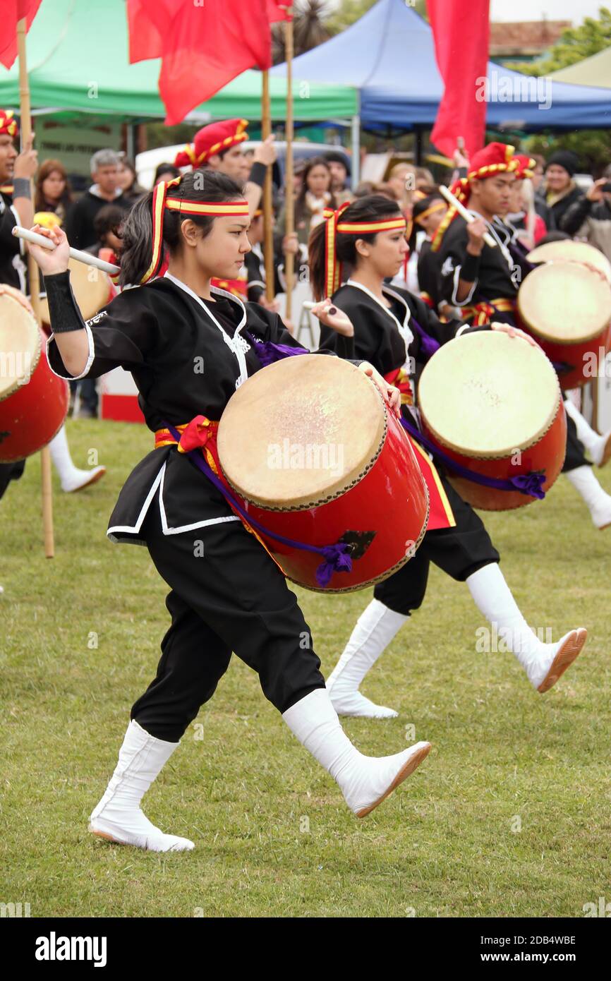 Buenos Aires, Argentina - November 16, 2020: Eisa (Japanese dance with drums) in Varela Matsuri. Stock Photo