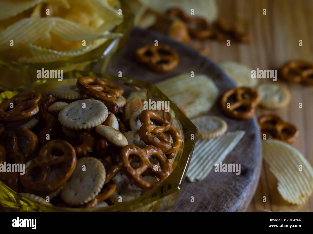 Various mix of salty snacks Stock Photo