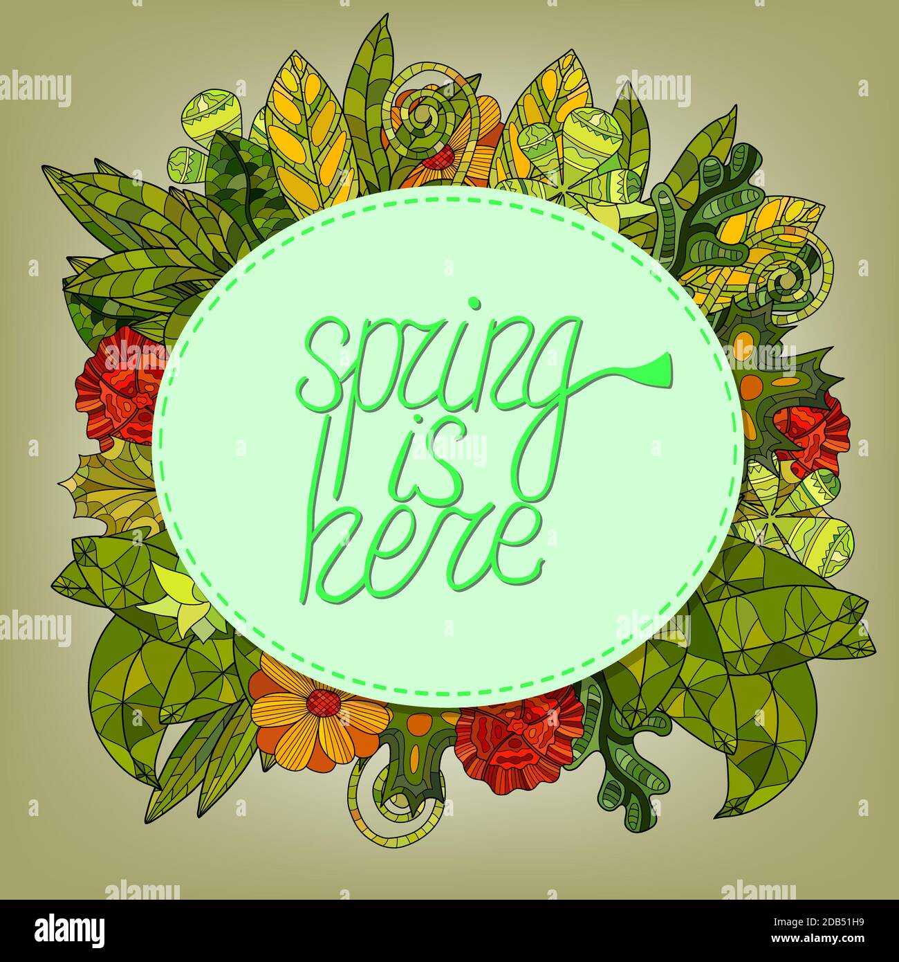 spring lettering greeting card with cartoon flowers and leaves - spring ...