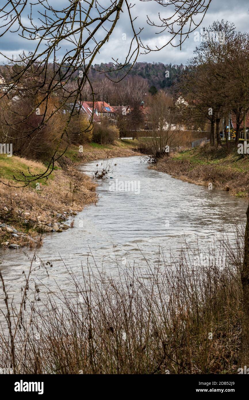 Little river through the green countryside along the village Stock Photo