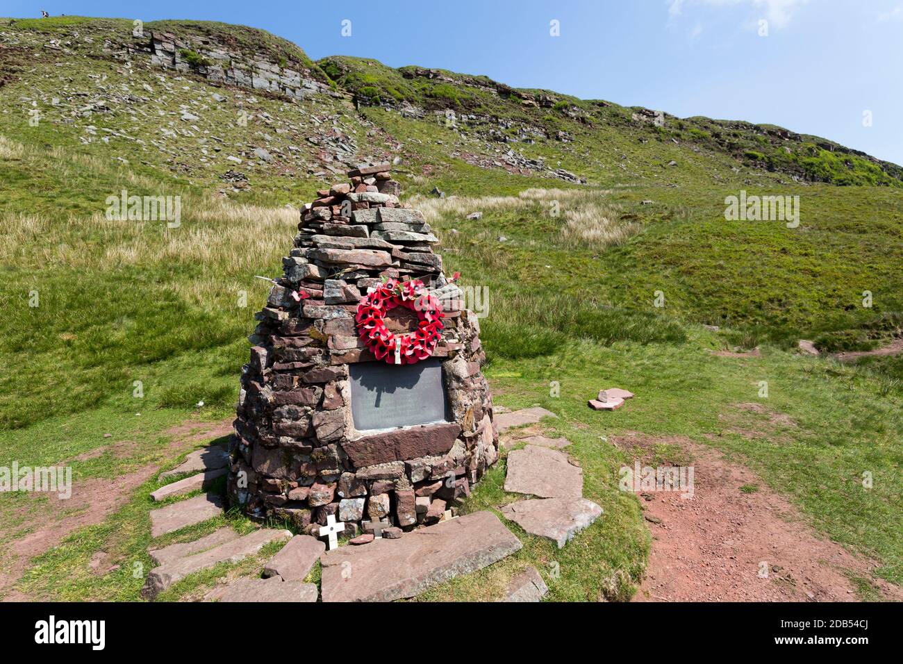 Memorial and remains of Wellington crashed aircraft on a training exercise in July 1942 when five men died, Waun Rydd, Brecon Beacons national park, W Stock Photo