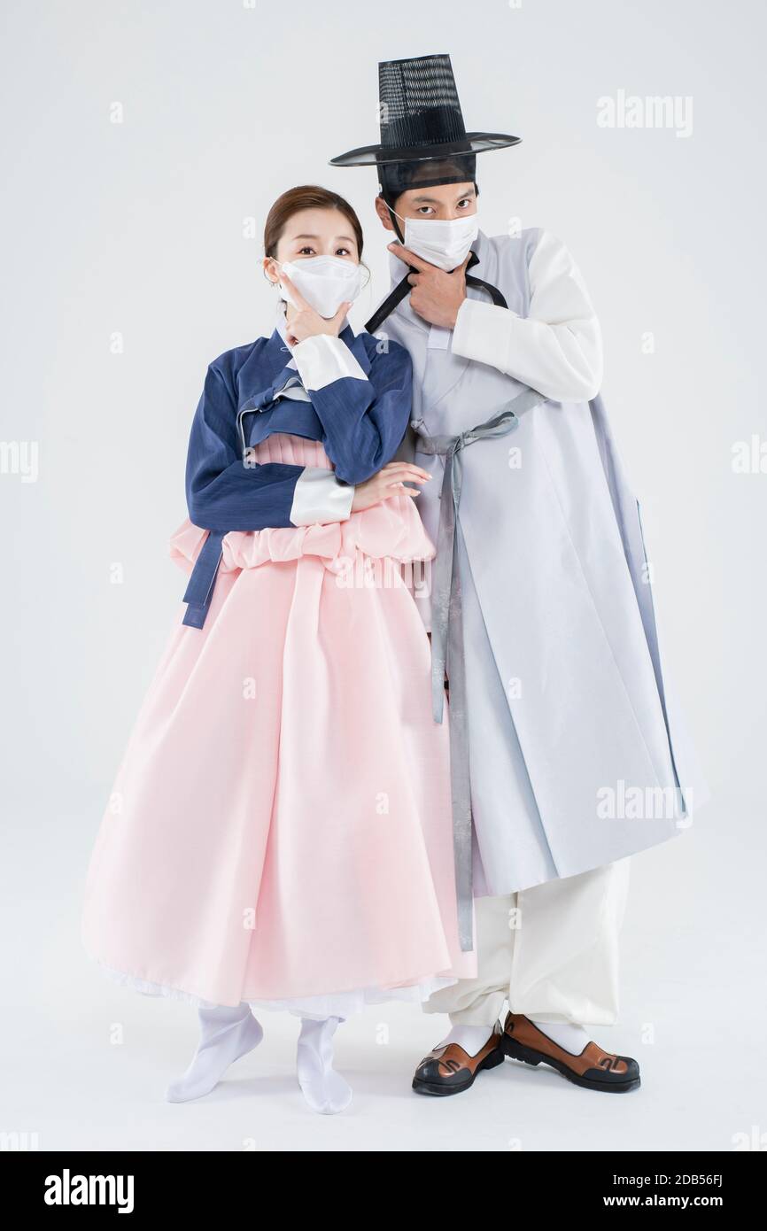 Male and female in Korean traditional clothes Hanbok. comic humorous concept. 139 Stock Photo Alamy