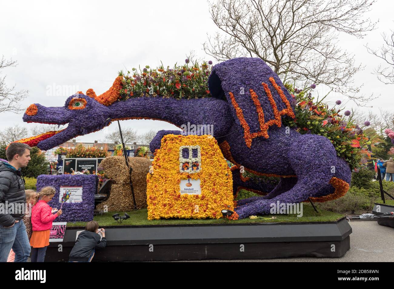Noordwijkerhout, Netherlands - April 21,  2017: Platform with  tulips and hyacinths during the traditional flowers parade Bloemencorso from Noordwijk Stock Photo