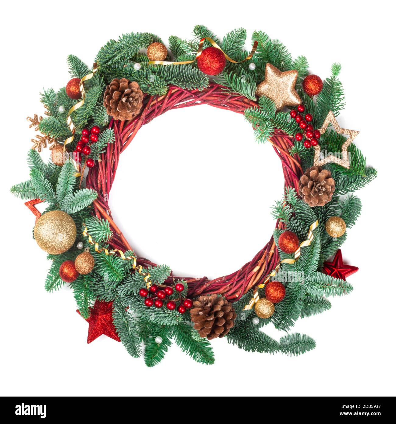 Decorated Christmas wreath with pine cones and ornaments red and golden ...