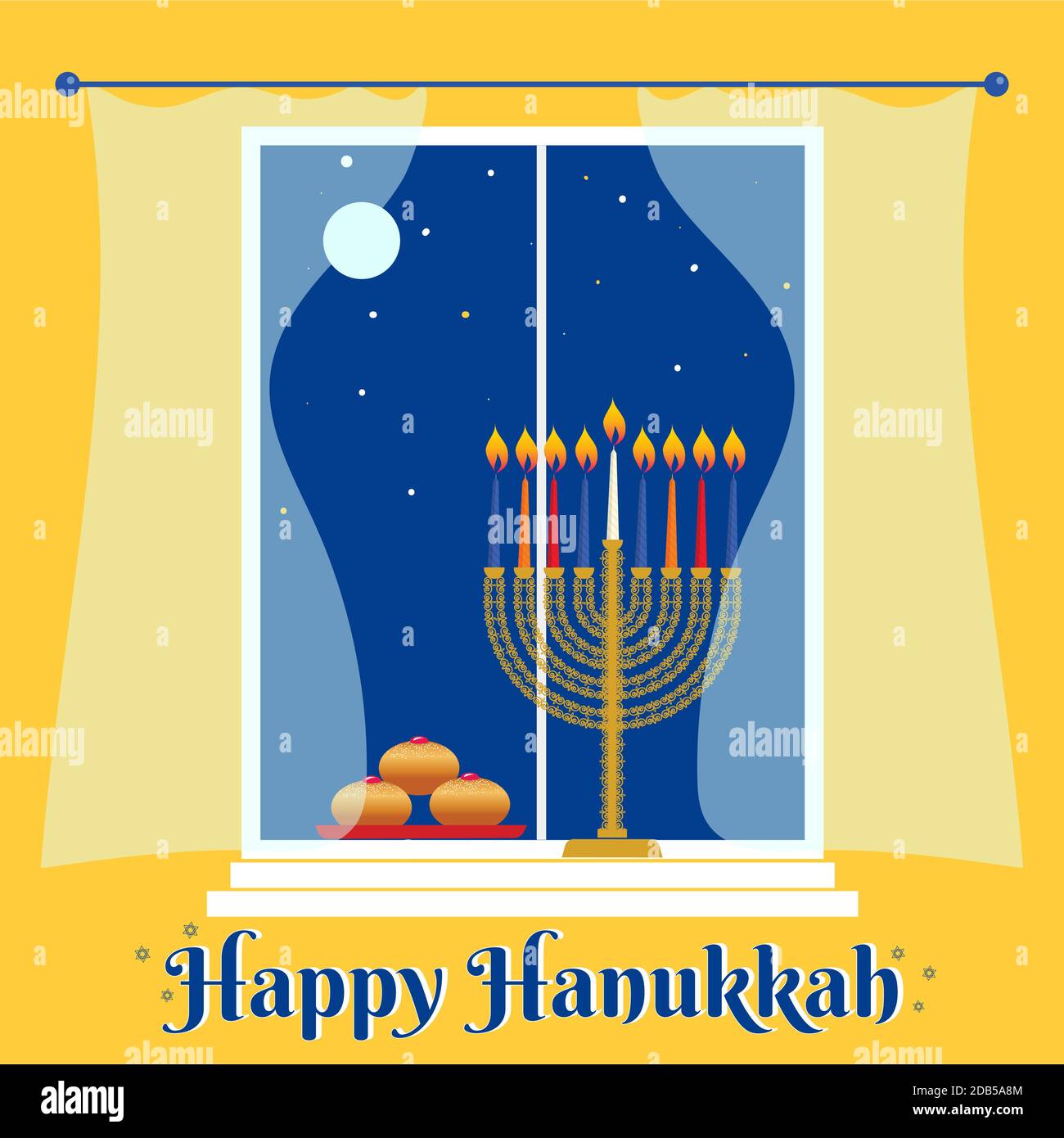 Happy Hanukkah greeting card with hanukkah traditional menorah, candles, donuts, house window and night sky Stock Vector