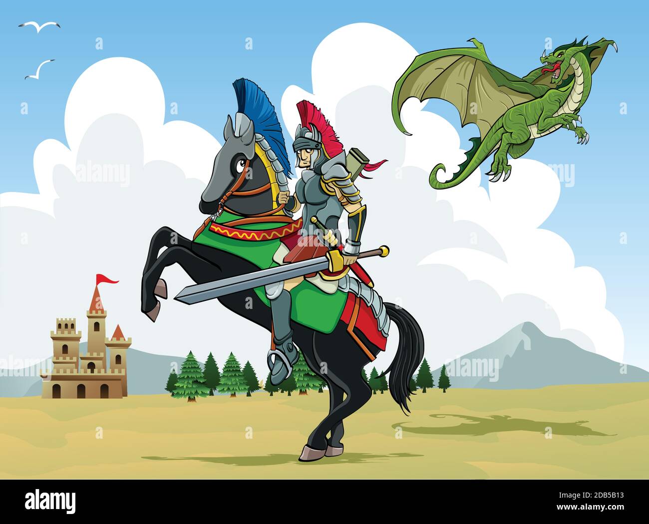Cartoon illustration: A flying dragon threatens a sword-wielding knight. Trees and ancient castle on the background Stock Vector