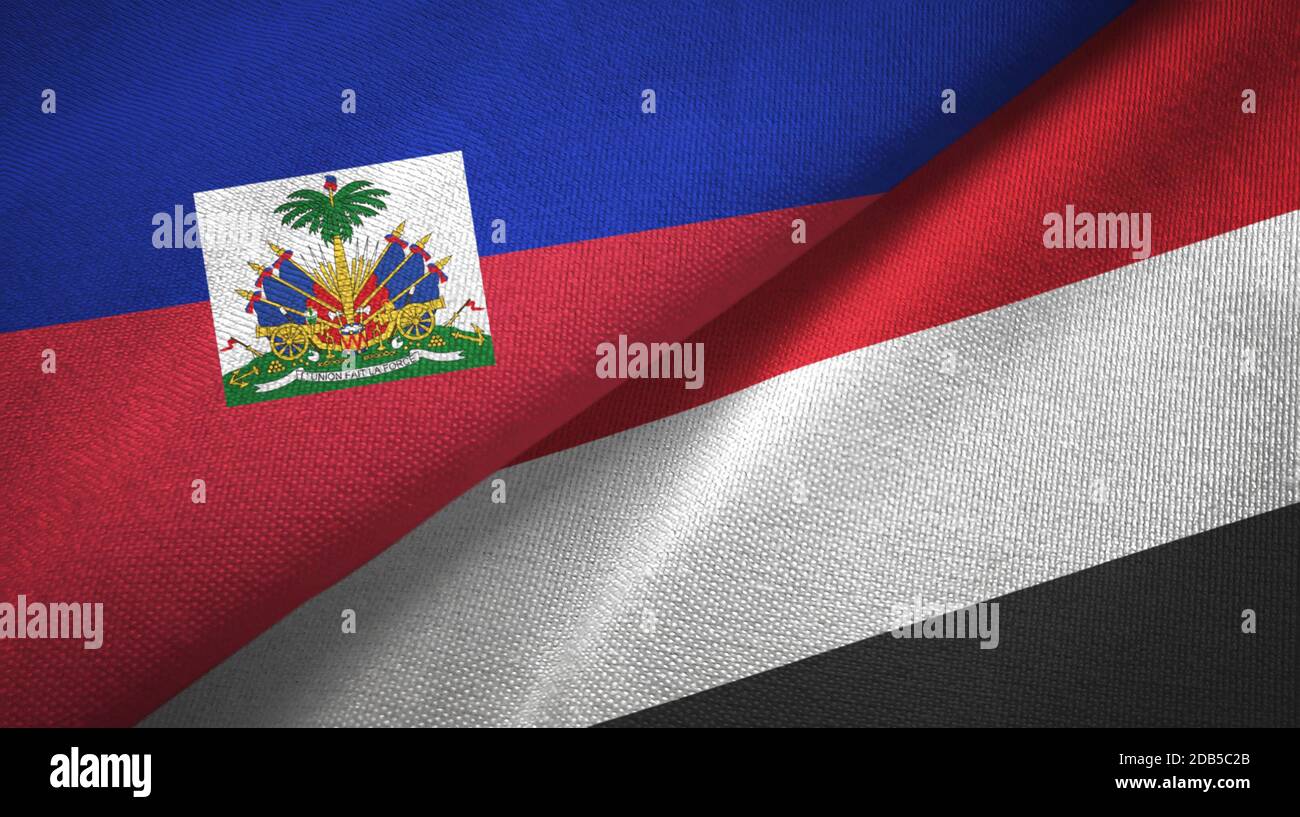 Haiti and Yemen two flags textile cloth, fabric texture Stock Photo