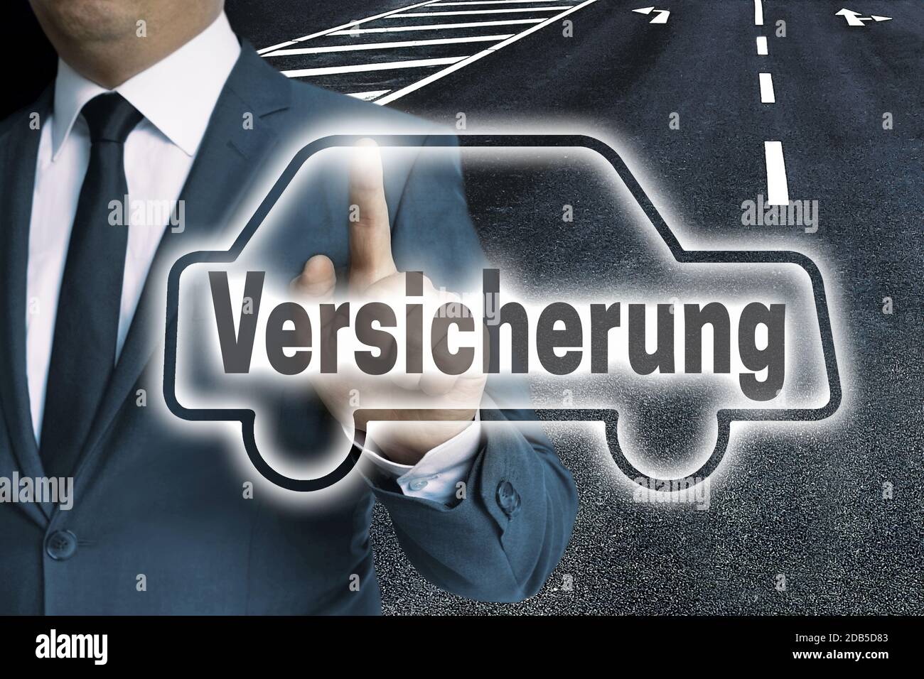Versicherung (in german Insurance) car touchscreen is operated by man concept. Stock Photo