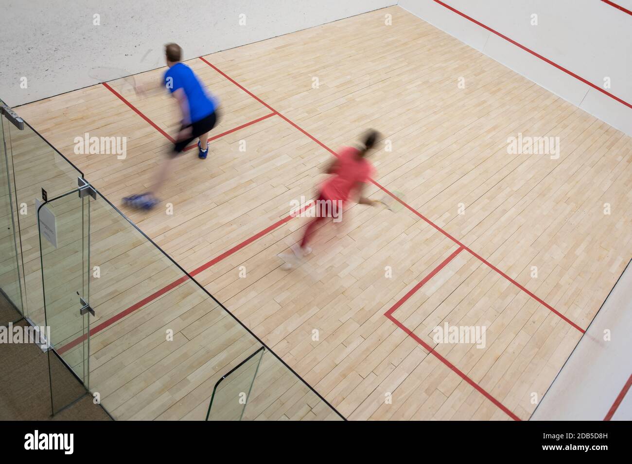 Squash players in action on a squash court (motion blurred image; color toned image) Stock Photo