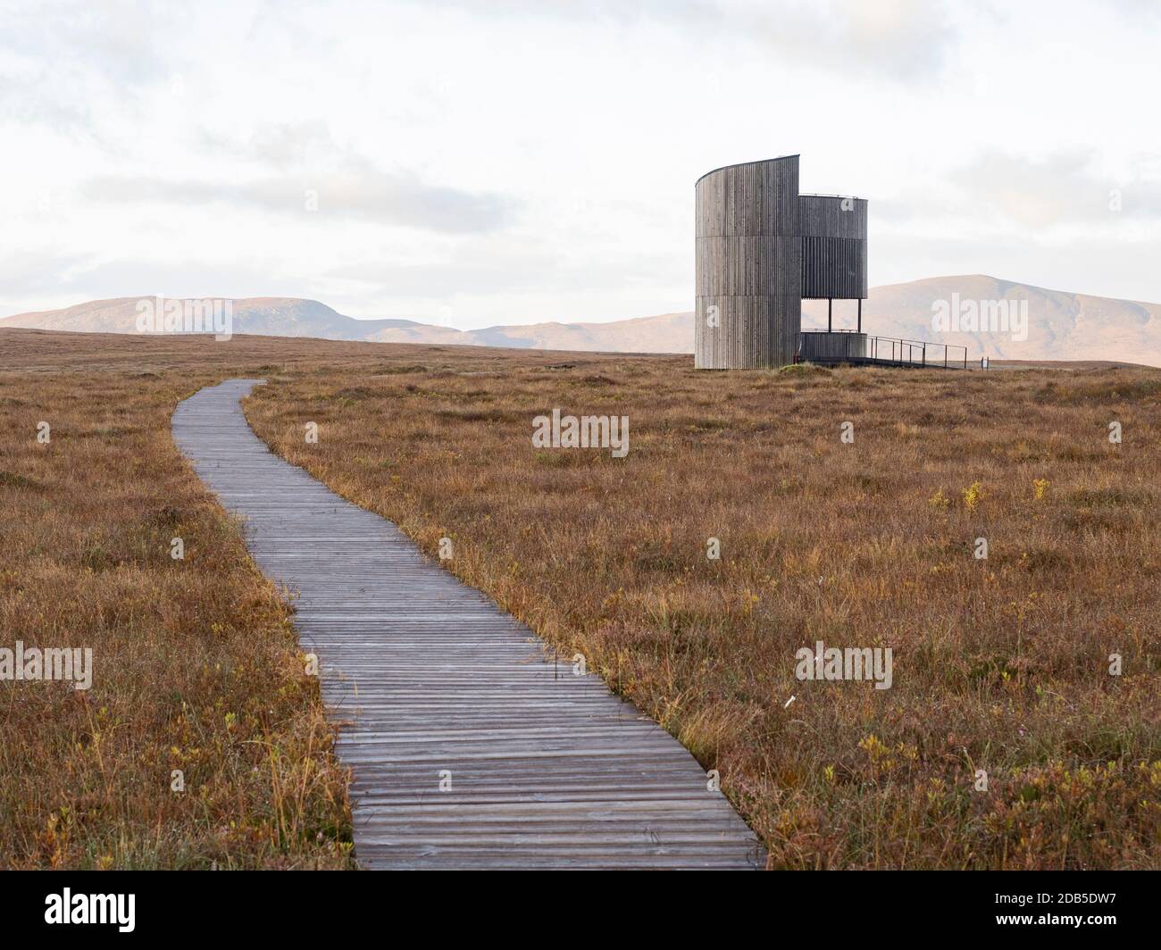 RSPB Flows viewing tower on the Dubh Lochan trail over  blanket bog at Forsinard RSPB Reserve, Flow Country, Northern Scotland, autumn. Stock Photo