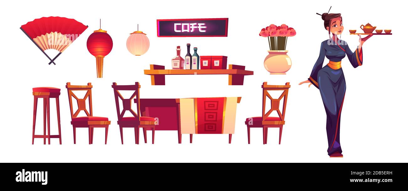Chinese restaurant staff and stuff isolated set. Waitress in traditional costume with tray, asian cafe decor, lantern, fan, shelf with condiments, wooden table and chairs, Cartoon vector illustration Stock Vector