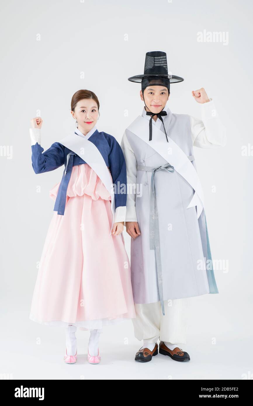 Male and female in Korean traditional clothes Hanbok. comic humorous  concept. 170 Stock Photo - Alamy