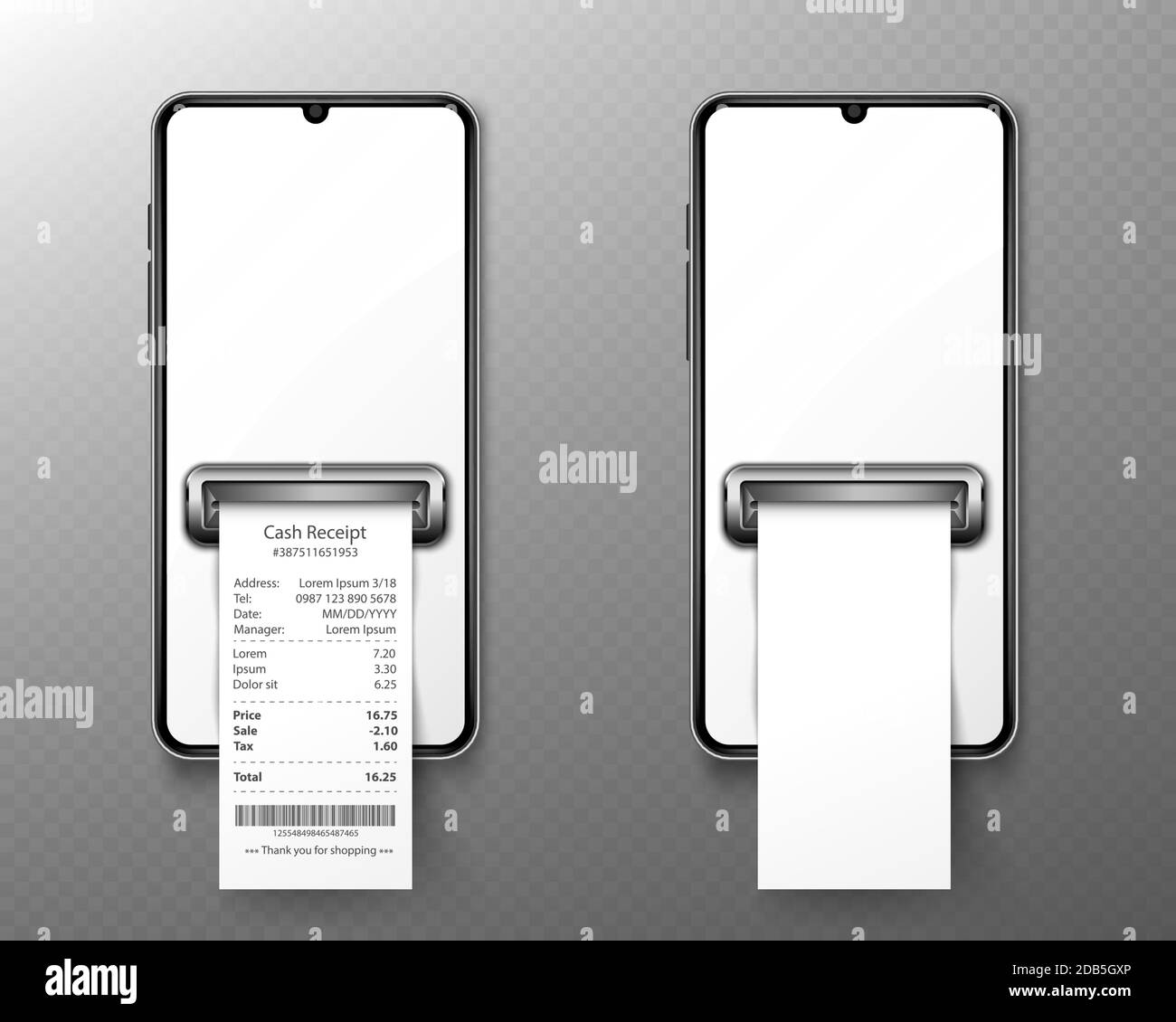 Mobile phone with shop receipt in front view. Concept of online payment, digital invoice and electronic cash check. Vector realistic mockup of smartphone with blank screen and financial bill Stock Vector