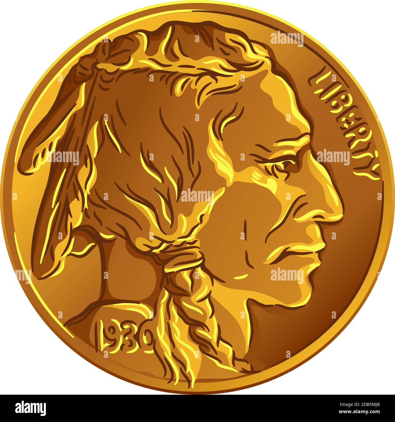 American copper-nickel money, Obverse of Buffalo nickel or Indian Head nickel 5 Cent Coin Stock Vector
