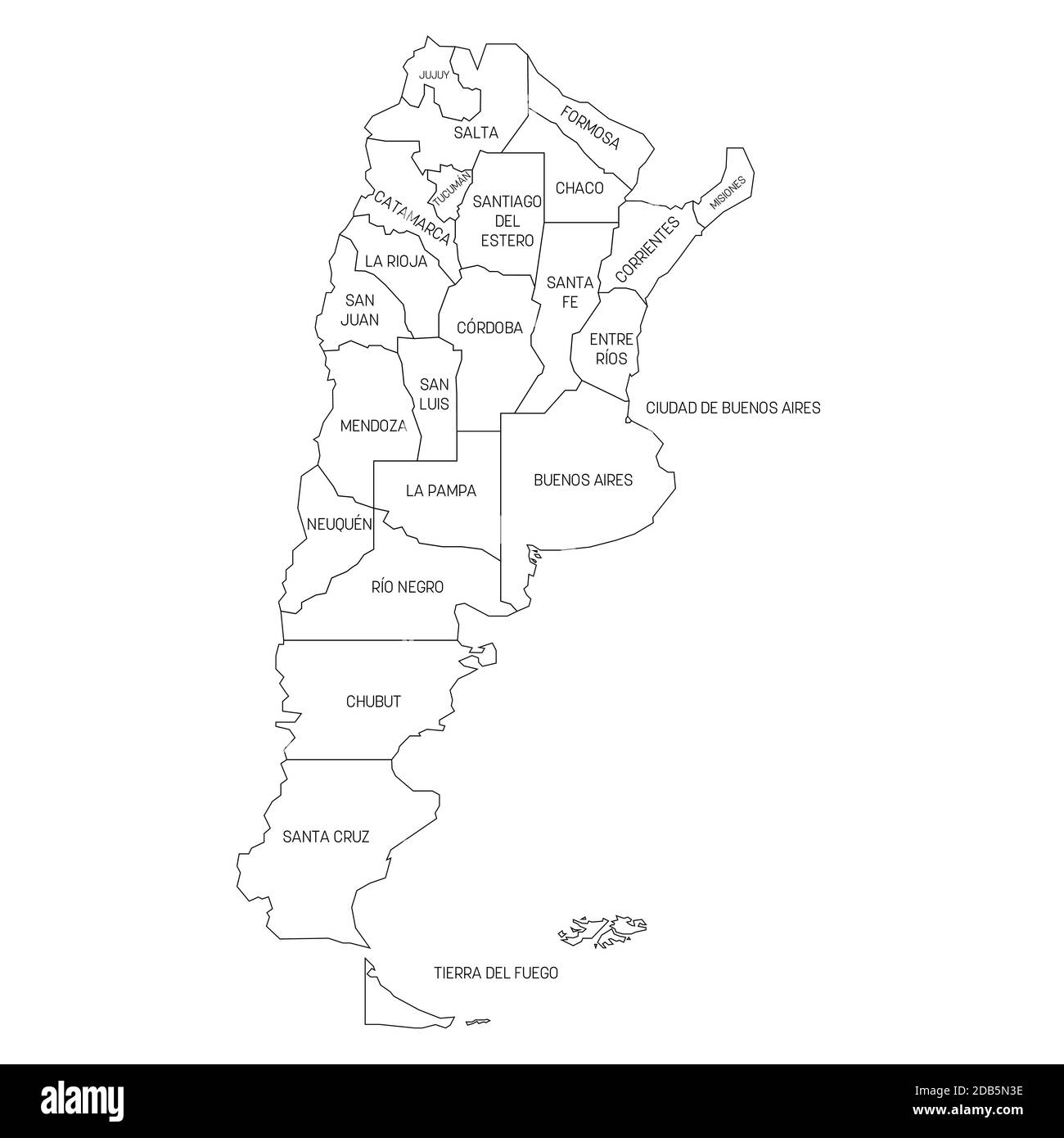 Political map of Argentina. Administrative divisions - provinces. Simple black outline vector map with labels. Stock Vector