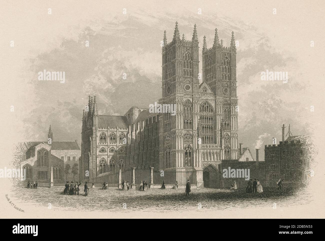 Antique c1850 engraving, Westminster Abbey. Westminster Abbey, formally titled the Collegiate Church of Saint Peter at Westminster, is a large, mainly Gothic abbey church in the City of Westminster, London, England. SOURCE: ORIGINAL ENGRAVING Stock Photo