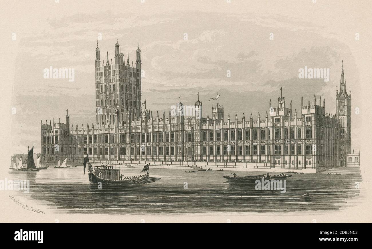 Antique c1850, engraving, The New Houses of Parliament. The Palace of Westminster serves as the meeting place for the two houses of the Parliament of the United Kingdom. It lies on the north bank of the River Thames in the City of Westminster, in central London, England. SOURCE: ORIGINAL ENGRAVING Stock Photo