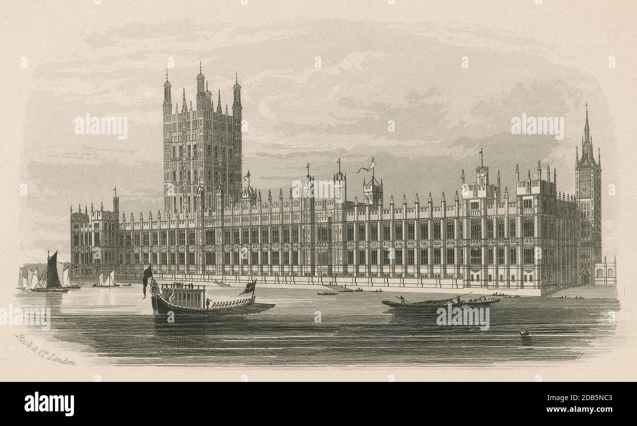 Antique c1850,  engraving, The New Houses of Parliament. The Palace of Westminster serves as the meeting place for the two houses of the Parliament of the United Kingdom. It lies on the north bank of the River Thames in the City of Westminster, in central London, England. SOURCE: ORIGINAL ENGRAVING Stock Photo