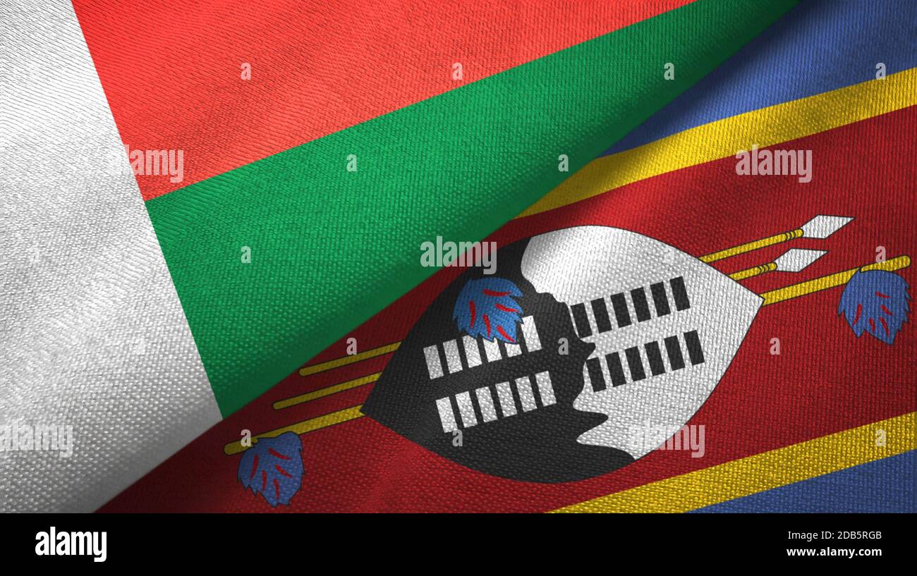 Madagascar and Eswatini Swaziland two flags textile cloth Stock Photo ...