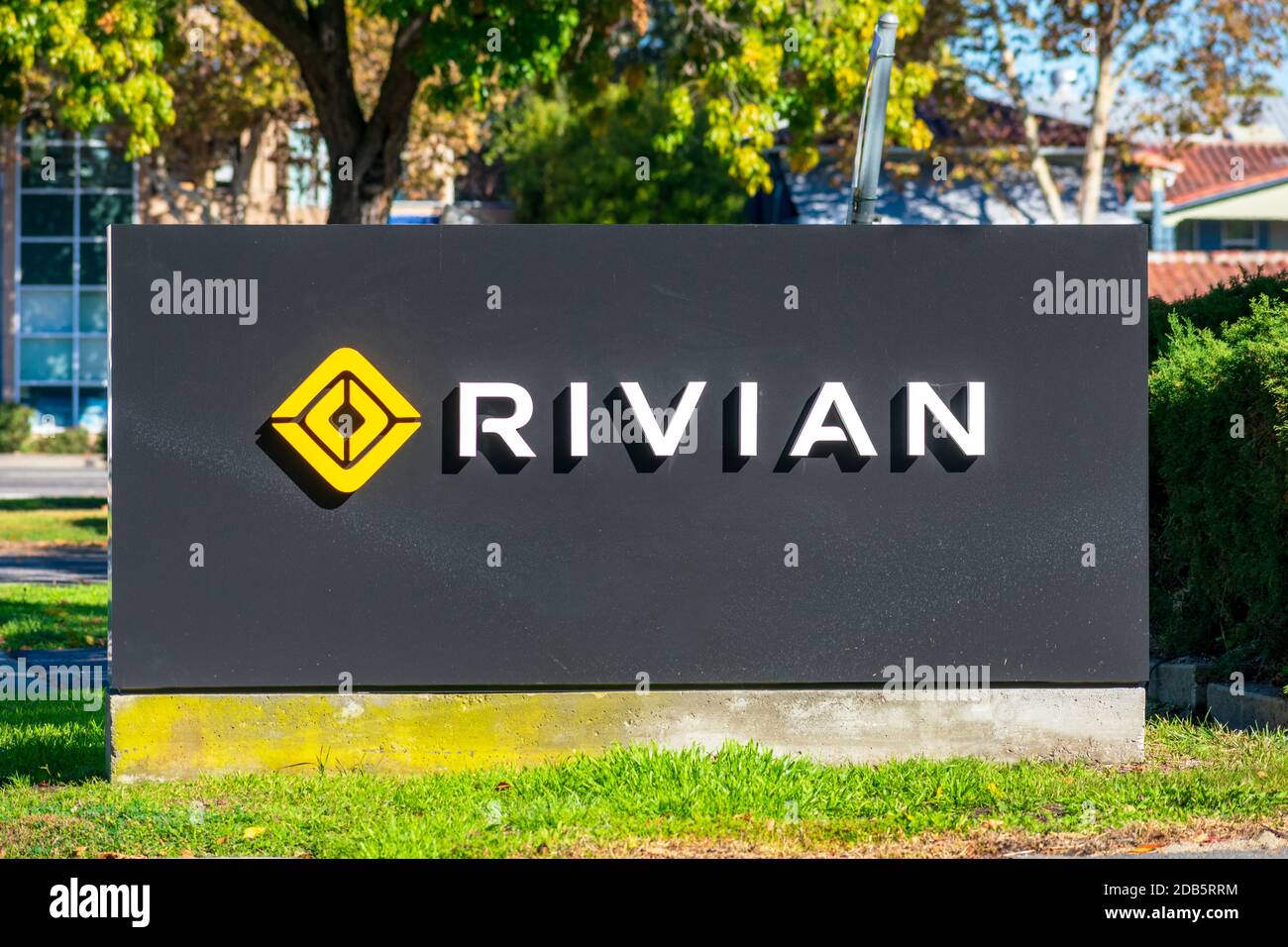 Rivian sign logo at headquarters in Silicon Valley. Rivian is an