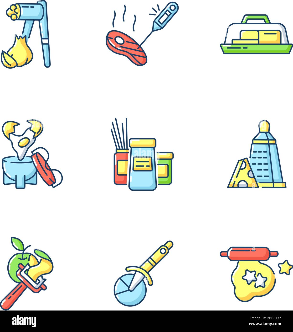 Food preparation utensils RGB color icons set Stock Vector
