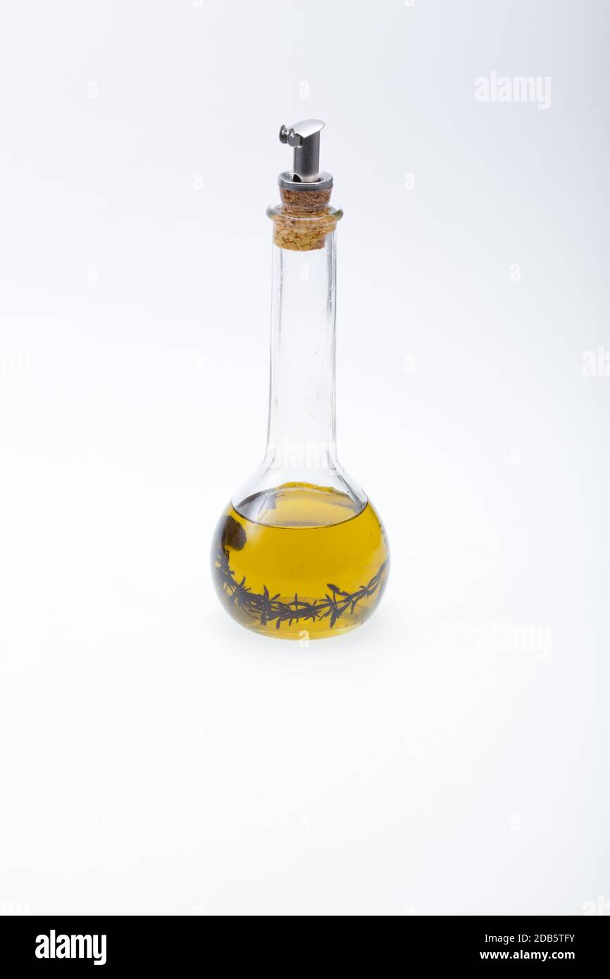 Thyme infused olive oil over white background Stock Photo