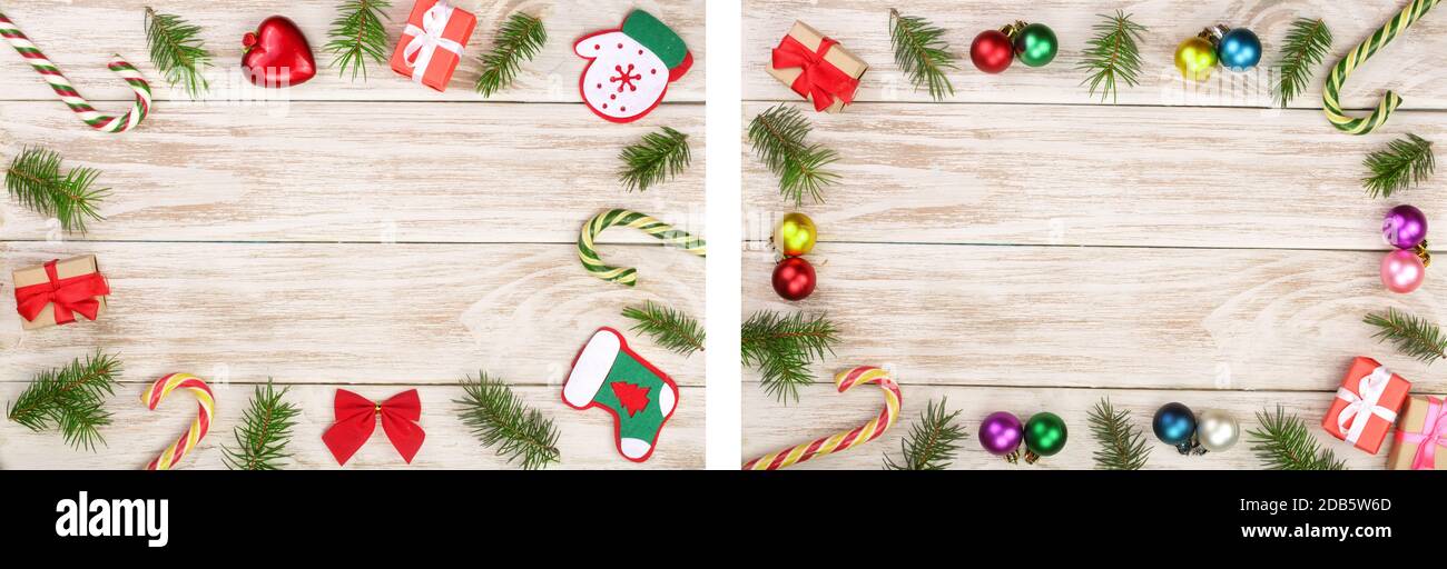 Christmas frame made of fir branches decorated with candy canes and ...