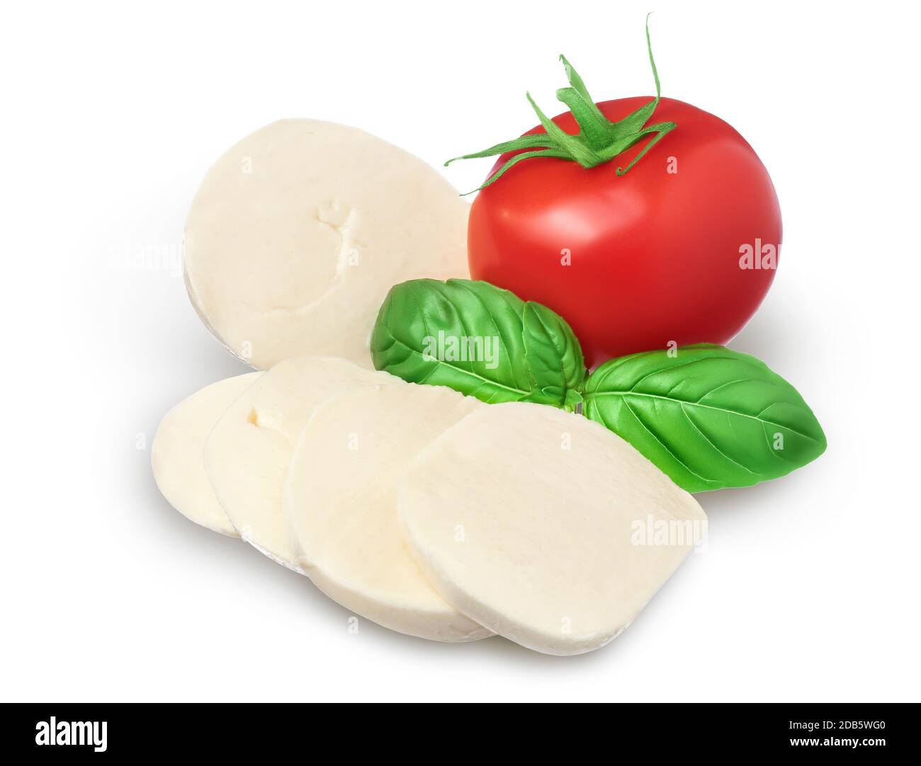 Mozzarella cheese sliced with basil leaf and tomato isolated on white background with clipping path and full depth of field Stock Photo