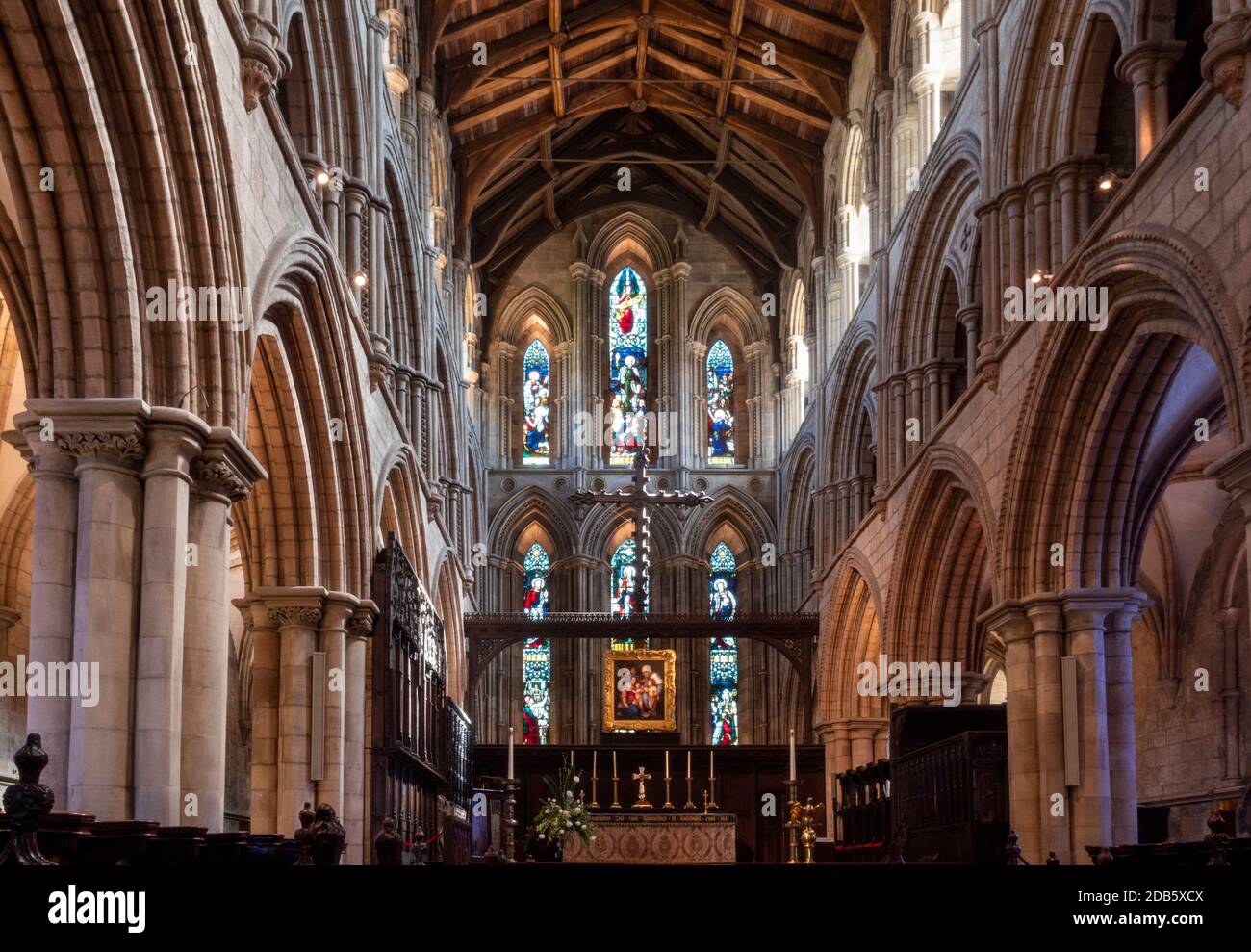 Hexham Abbey, Hexham, Northumberland, England, UK - interior view showing the high altar and choir. Stock Photo